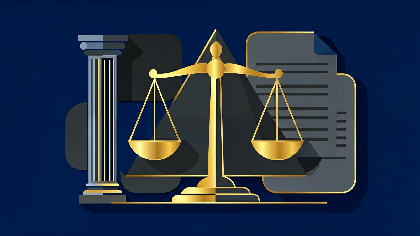 Ilustração abstrata de justiça trabalhista com elementos geométricos em tons de azul marinho e dourado.