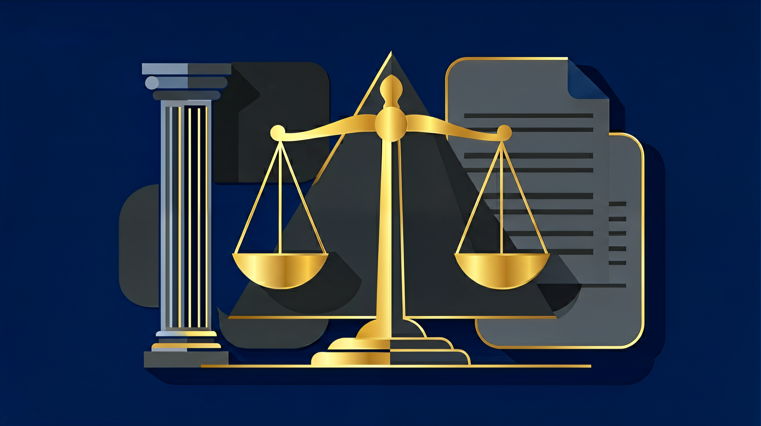 Ilustração abstrata de justiça trabalhista com elementos geométricos em tons de azul marinho e dourado.